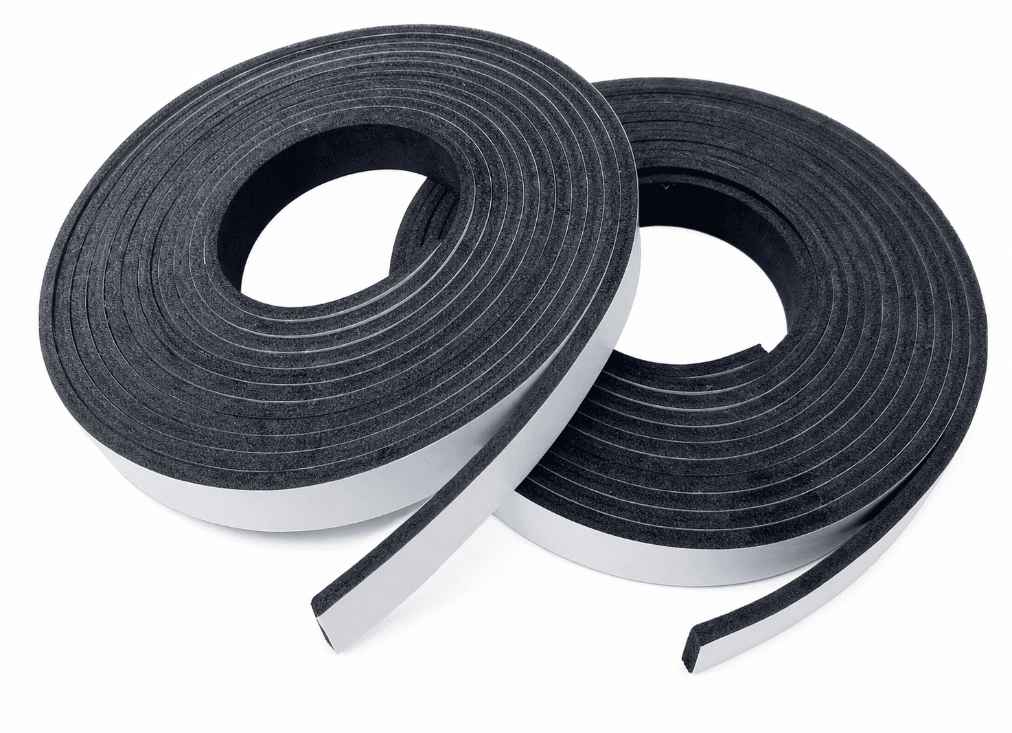 Two coiled black EPDM foam sealing strips